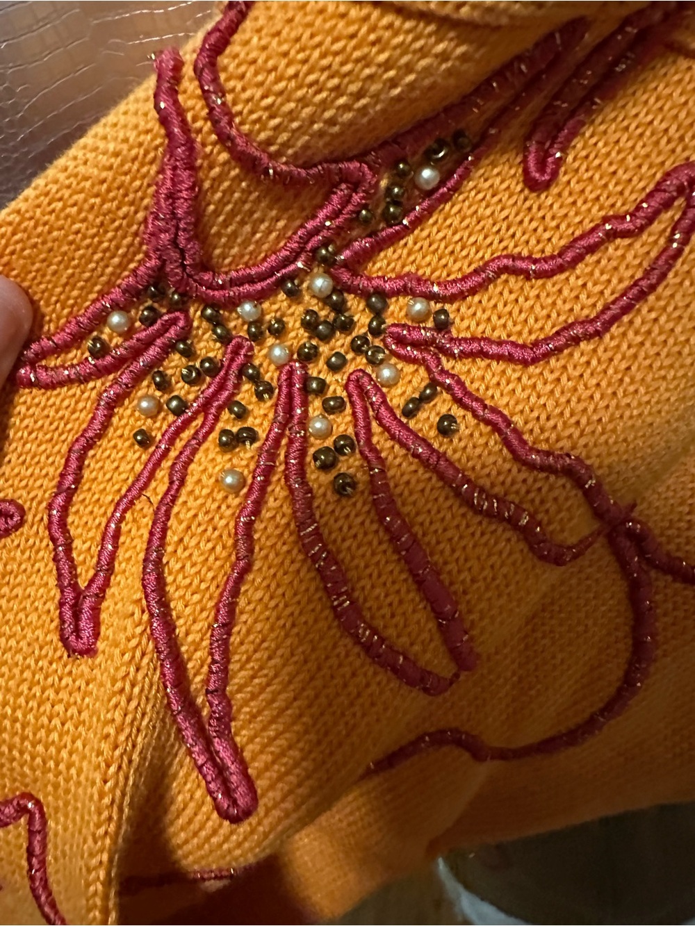 Escada Vintage Orange, Red & Brown Floral Embroidered Beaded Crewneck Sweater - Picture 10 of 12